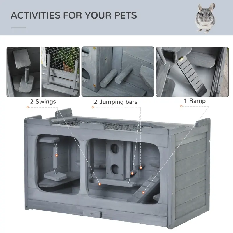 PawHut Wooden Extra Large Hamster Cage with Swings, Small Animal Cage and Habitat with Jumping Platforms, Hamster Habitat, Rats, Mice, Pull-Out Tray