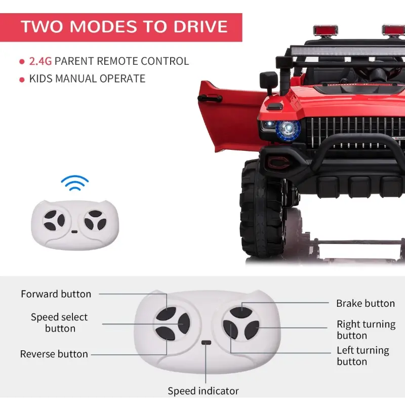 Aosom Kids Ride-On Car 12V RC 2-Seater Police Truck Electric Car For Kids with Full LED Lights, MP3, Parental Remote Control (Red)