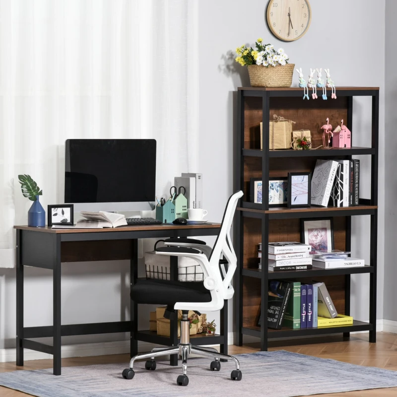 HOMCOM Two-Tone Woodgrain Writing Work Desk with Large Desktop and 2 Open Storage Shelves for Office, Dark Walnut/Black