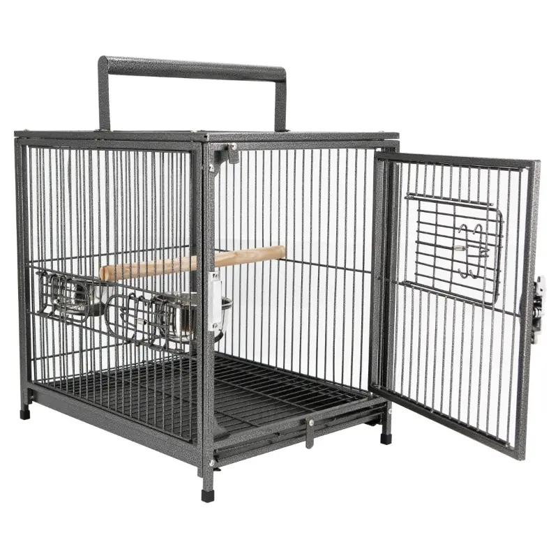 PawHut 18" Heavy Duty Wrought Iron Travel Bird Cage Carrier With Handle Perch And Accessories - Black