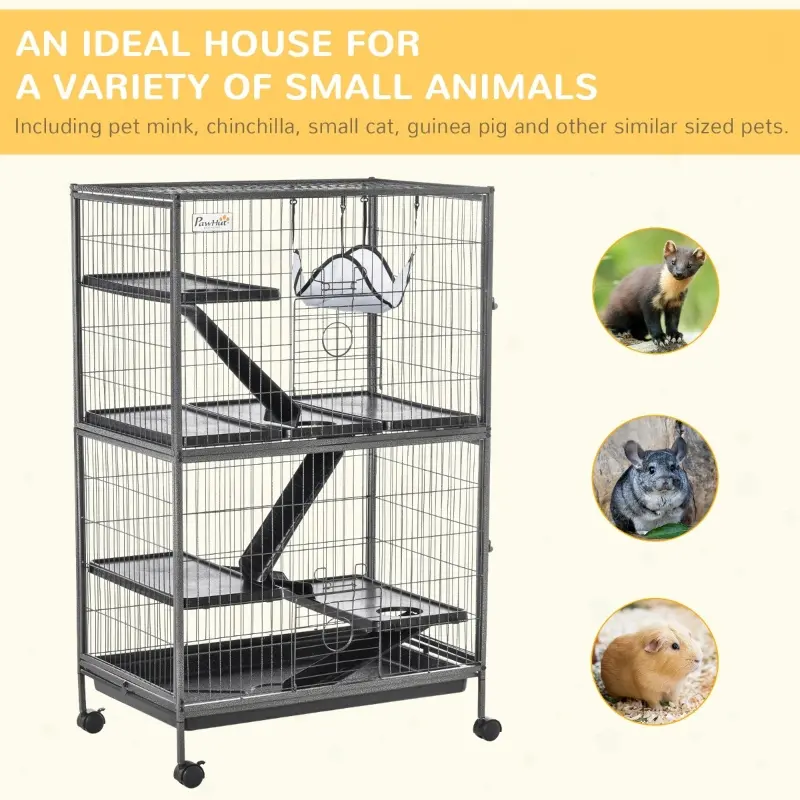 PawHut Deluxe Small Animal Cage Rolling Pet Product Play House Home with Platform, Ramps, Slide Out Tray, 4-Tier with Hammock and Universal Wheels
