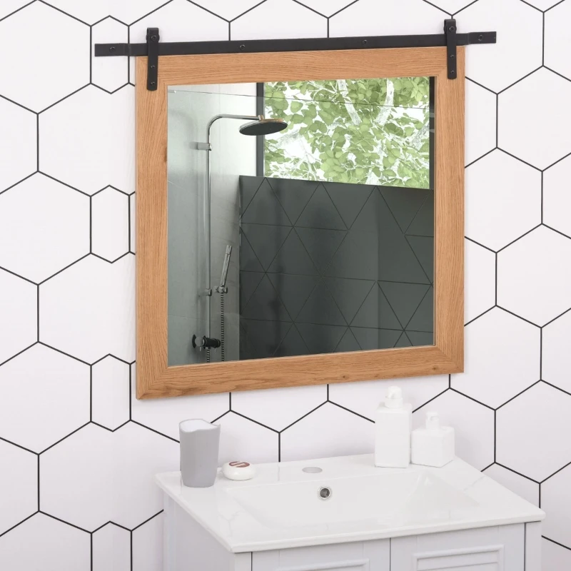 HOMCOM Industrial Style Square Bathroom Wall Mirror, Rustic Mirror, Barn Door Style Make Up Home Decoration, Wood