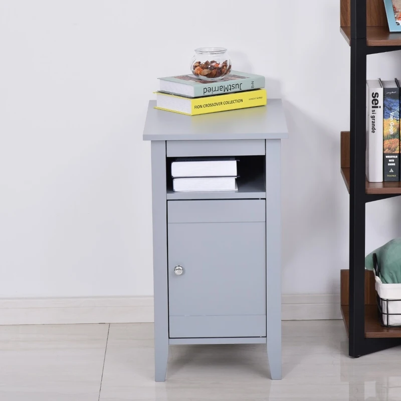 HOMCOM Modern End Table, Slim Side Table, Nightstand with Adjustable Open Shelf and Door Cabinet for Living Room, Bedroom, Grey