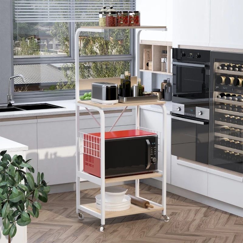 HOMCOM Rolling Dorm Kitchen Cart w/Shelving, 2 Lockable Wheels, and Side Wire Grids