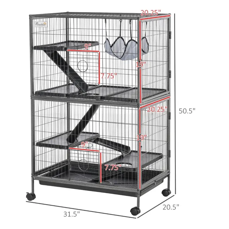 PawHut Deluxe Small Animal Cage Rolling Pet Product Play House Home with Platform, Ramps, Slide Out Tray, 4-Tier with Hammock and Universal Wheels