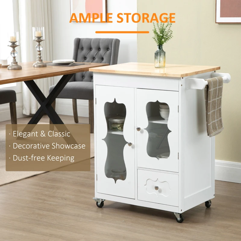 HOMCOM Kitchen Cart, Small Kitchen Island, Rubber Wood Top Utility Trolley on Wheels with 2 Cabinets Storage Drawer Towel Rack for Dining Room, White