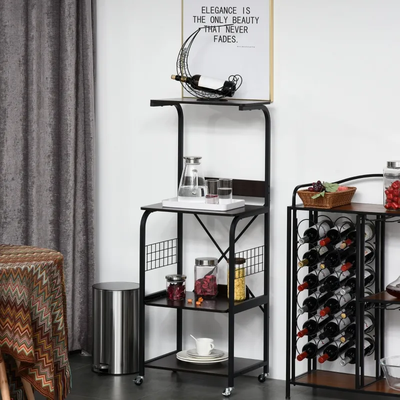 HOMCOM Kitchen Cart Rolling Microwave Stand Utility Baker's Rack Cart 4-Tier Storage Shelf on Wheels with Side Wire Grids, Black