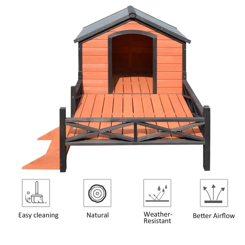 PawHut Wooden Dog House with Porch, Outside Dog House with Water-resistant Asphalt Roof, Ladders, Fencing, Window, for Small and Medium Dogs, Natural