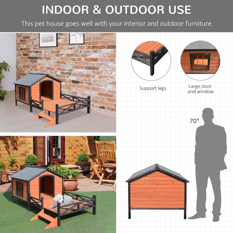 PawHut Wooden Dog House with Porch, Outside Dog House with Water-resistant Asphalt Roof, Ladders, Fencing, Window, for Small and Medium Dogs, Natural