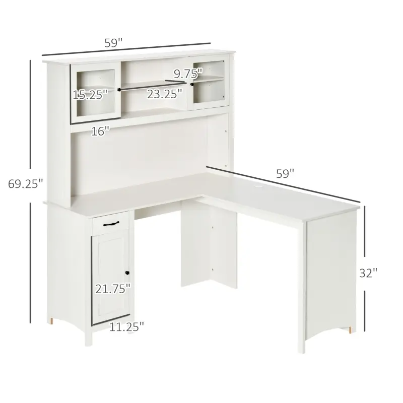 HOMCOM L-Shaped Desk with Hutch, Computer Desk with Drawers, Home Office Corner Desk Study Workstation Table with Storage Cabinets Shelves, White