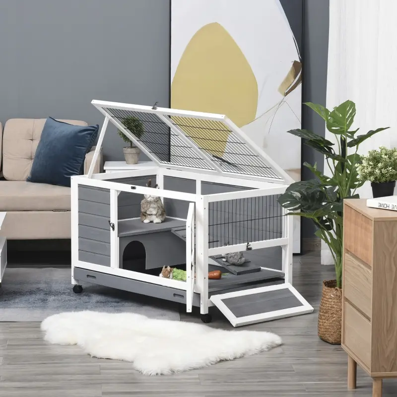 PawHut Indoor Rabbit Enclosure, Wooden Elevated Pet Bunny House with Slide-Out Tray Indoor Grey