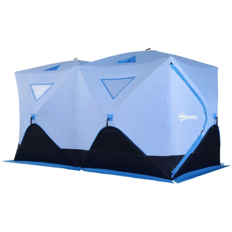 Outsunny 8 Person Ice Fishing Shelter, Pop-up Ice Fishing Tent, Ice Shanty, Portable and Insulated, with 2 Doors and Carrying Bag, Light Blue