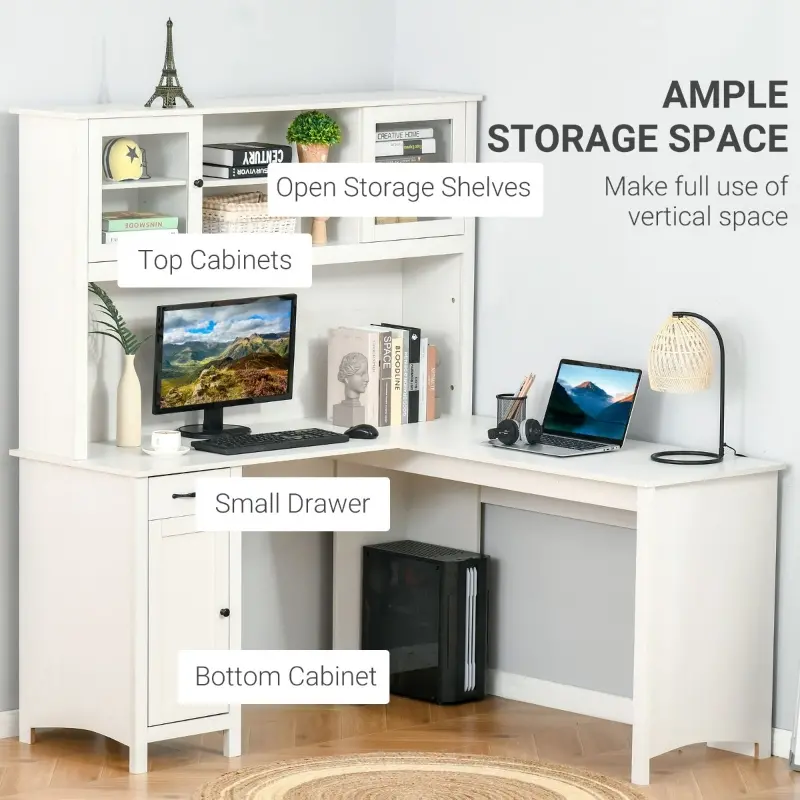 HOMCOM L-Shaped Desk with Hutch, Computer Desk with Drawers, Home Office Corner Desk Study Workstation Table with Storage Cabinets Shelves, White