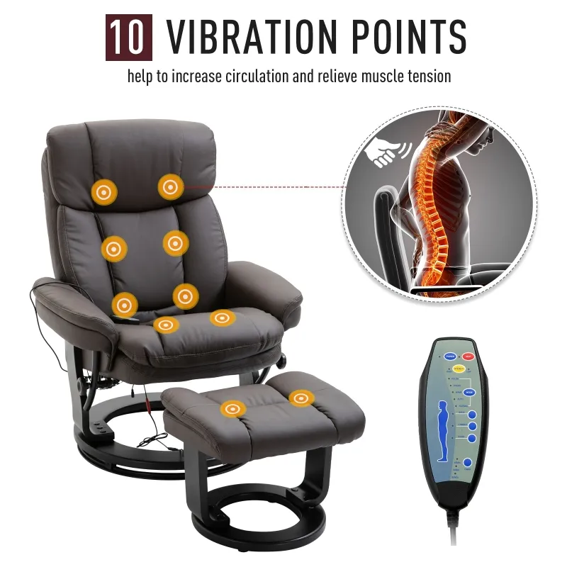 HOMCOM PU Leather Massage Sofa Recliner Chair with Ottoman Heated 10 Point Vibration Swiveling Armchair, Brown