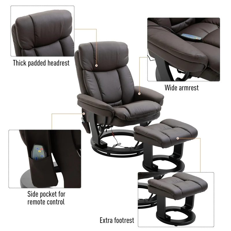 HOMCOM PU Leather Massage Sofa Recliner Chair with Ottoman Heated 10 Point Vibration Swiveling Armchair, Brown