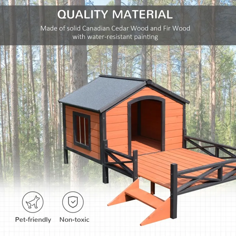 PawHut Wooden Dog House with Porch, Outside Dog House with Water-resistant Asphalt Roof, Ladders, Fencing, Window, for Small and Medium Dogs, Natural