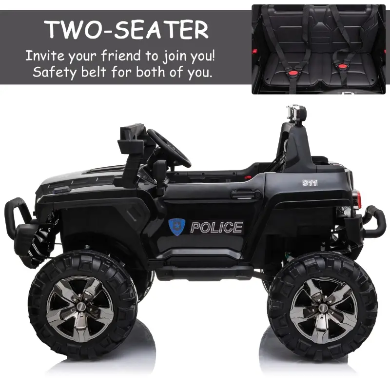 Aosom Kids Ride-On Car 12V RC 2-Seater Police Truck Electric Car For Kids with Full LED Lights, MP3, Parental Remote Control, Black(m-6)