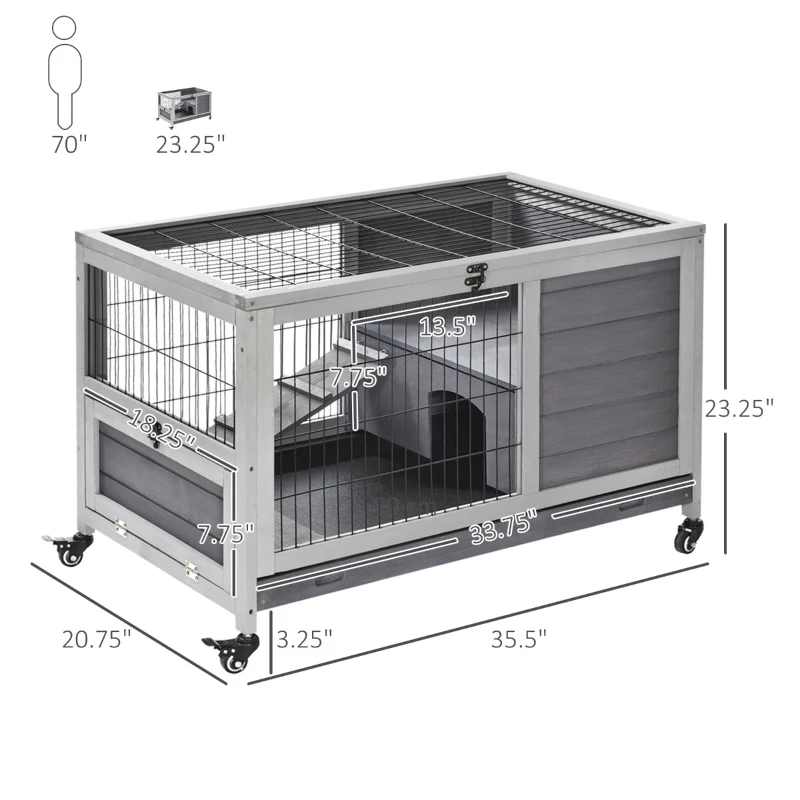 PawHut Indoor Rabbit Enclosure, Wooden Elevated Cage Habitat with Enclosed Run with Wheels - Ideal for Rabbits and Guinea Pigs