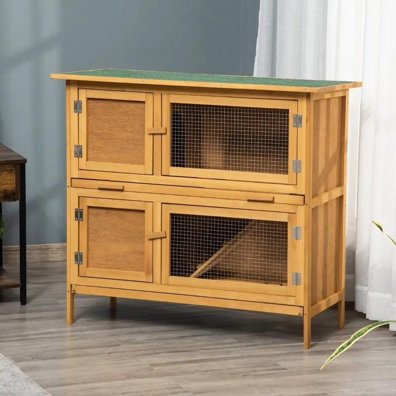 PawHut Bunny House Indoor, Solid Wood Rabbit Hutch, with 2 Large Main Rooms and Firm Cage - Yellow