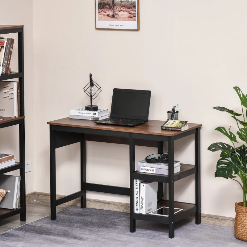 HOMCOM Two-Tone Woodgrain Writing Work Desk with Large Desktop and 2 Open Storage Shelves for Office, Dark Walnut/Black