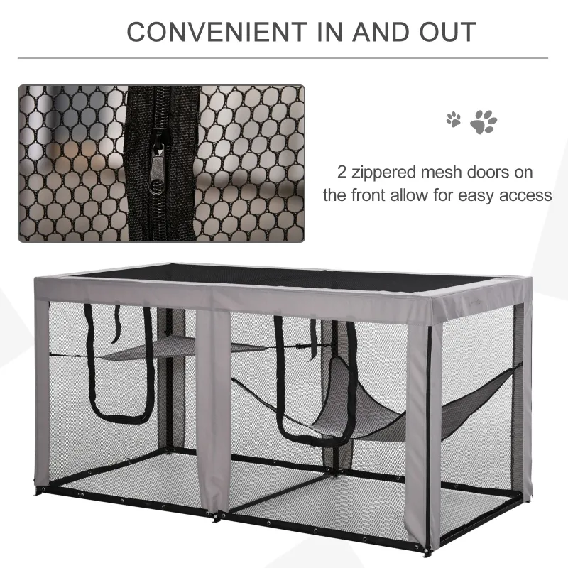 PawHut Large Mesh Cat House Kitty Indoor/Outdoor Rest Space with 2 Zipper Doors Soft Hammock Pet Bed, Black & Grey