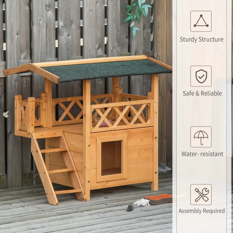 PawHut Wooden Cat House, 2-Floor Feral Cat Shelter, Kitten Condo Outdoor with Balcony, Stairs, Asphalt Roof, Natural