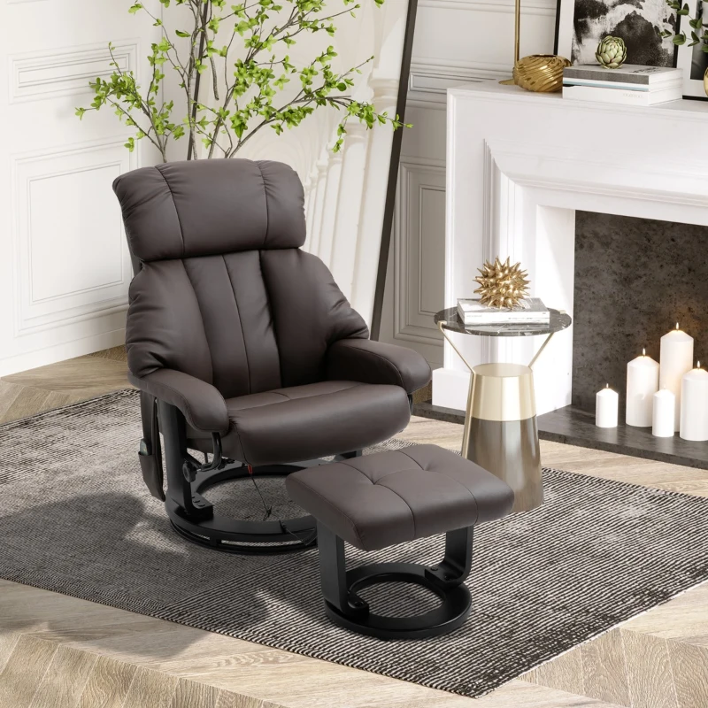 HOMCOM Massage Recliner Chair with Ottoman, 360° Swivel Recliner and Footstool, PU Leather Reclining Chair with Side Pocket and Remote Control, Brown