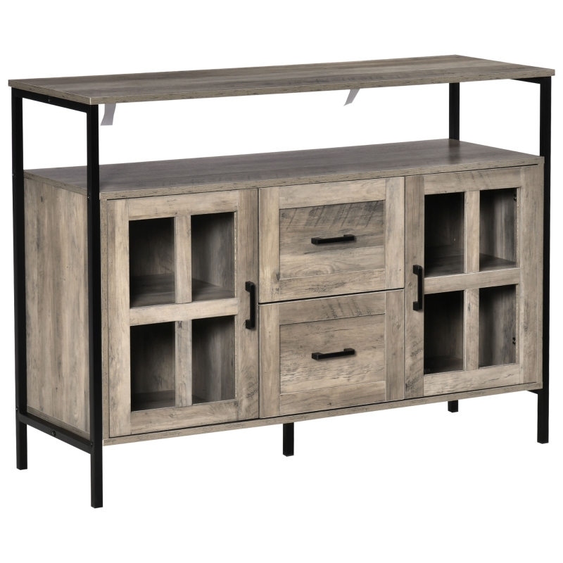 HOMCOM Rustic Kitchen Sideboard, Serving Buffet Cabinet with Adjustable Shelves, Glass Doors, and 2 Drawers for Living Room, Grey