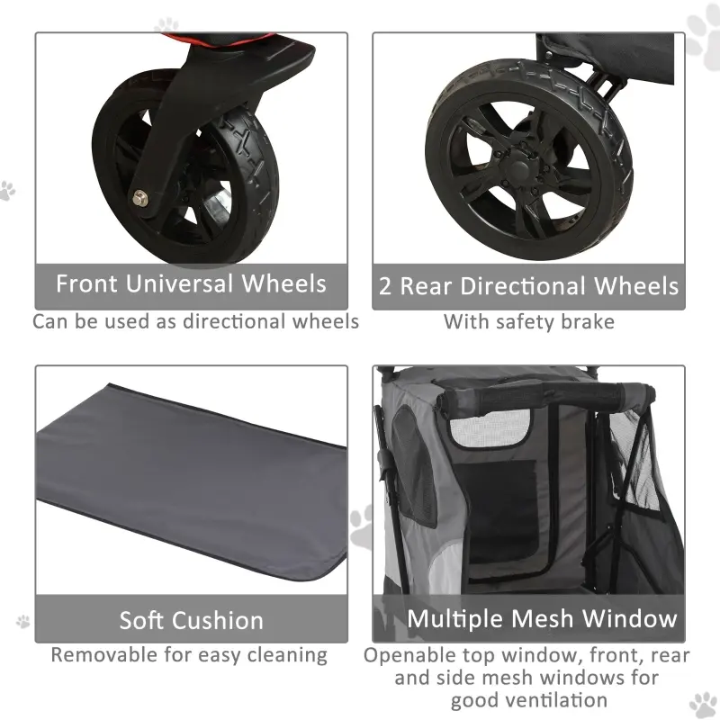 PawHut Pet Stroller Foldable Dog Cat Carriage with Adjustable Handlebar Rear Door EVA Wheel Brake Storage Bag Mesh Window Safety Leash Grey