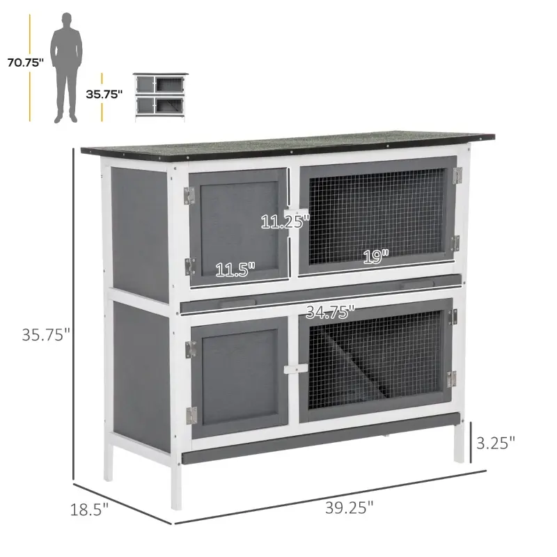 PawHut Wooden Bunny Rabbit Hutch, Small Animal Habitat with Ramp, Removable Tray & Weatherproof Roof, Indoor/Outdoor, Grey