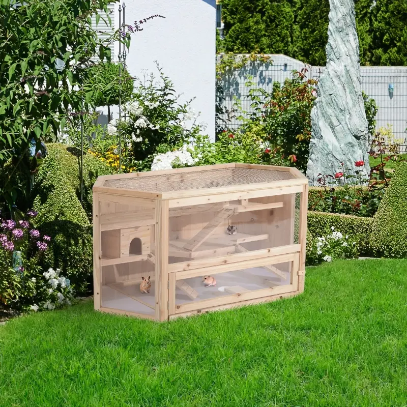 PawHut 3-Tier Extra Large Wooden Hamster Cage with Seesaws, Small Animal Cage and Habitat, Mice, Rat, Gerbil, & Hamster Habitat, Ladder, Feeding Bowl, Openable Top and Front Door