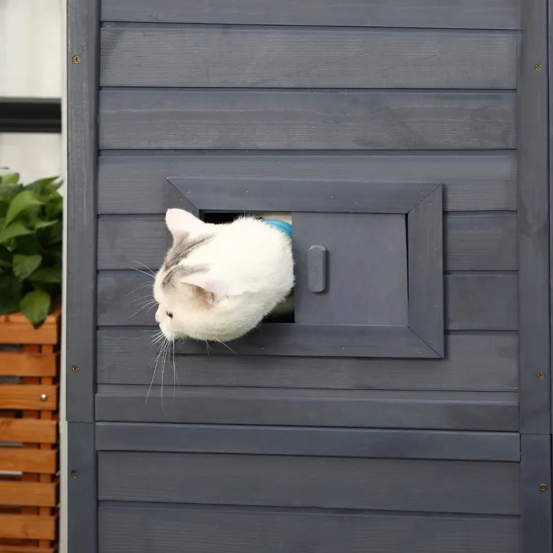PawHut Large Cat House Outdoor Catio Wooden Feral Cat Shelter, Kitten Enclosure with Door, Cat Condo and Weather Protection Asphalt Roof, 77" L, Gray