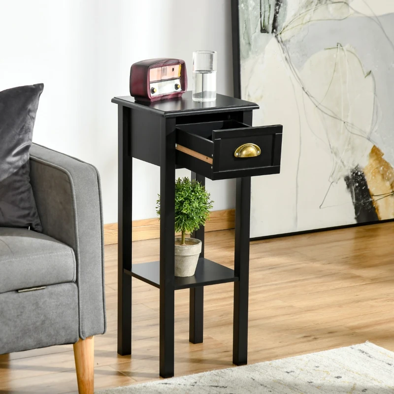 HOMCOM 2-Tier Side Table with Drawer Shelf, End Table for Living Room Hallway, Black