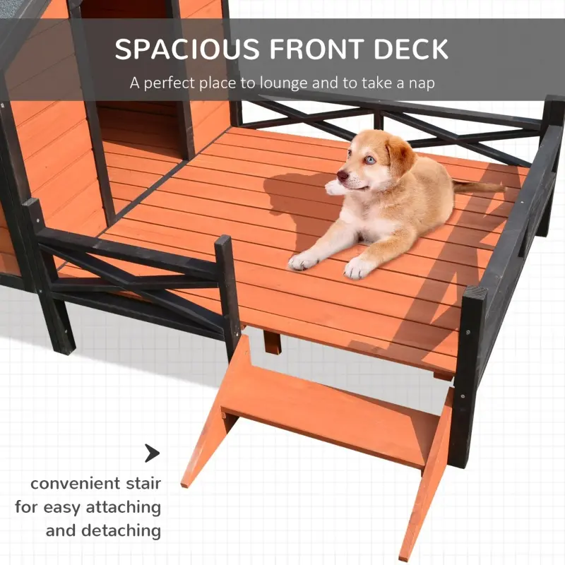 PawHut Wooden Dog House with Porch, Outside Dog House with Water-resistant Asphalt Roof, Ladders, Fencing, Window, for Small and Medium Dogs, Natural