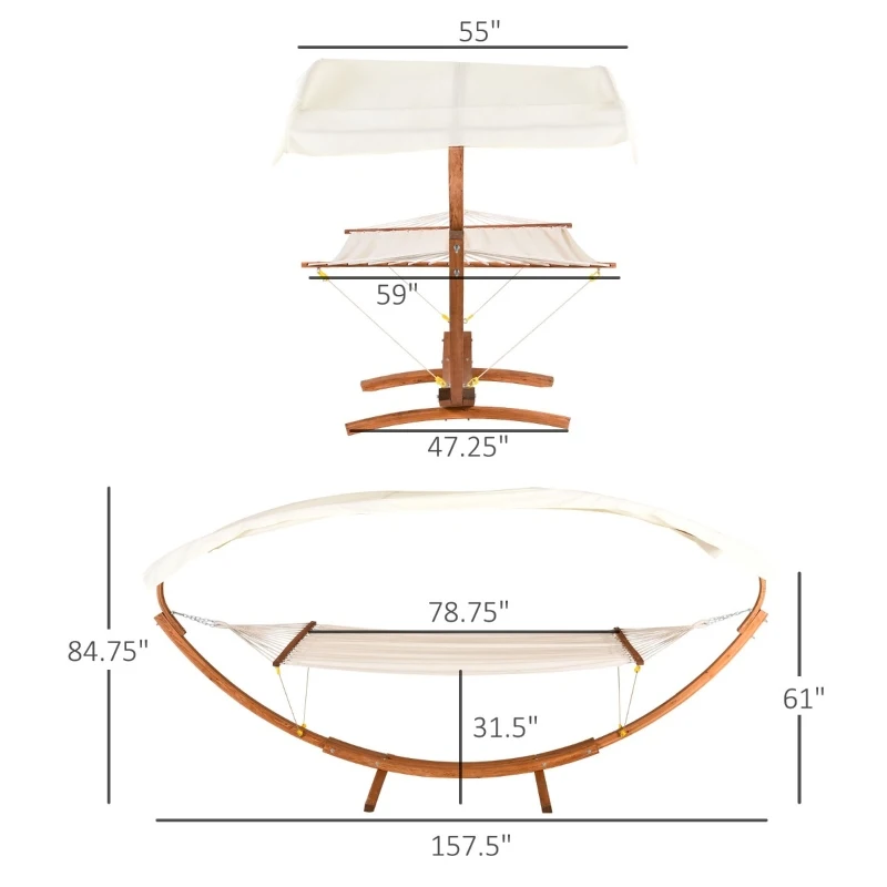 Outsunny 13' Wooden Arc Hammock with Canopy, Outdoor Hammock, Single Bed with Modern Curved Stand for Patio Backyard, Comfortable Polyester Fabic and Steel, White