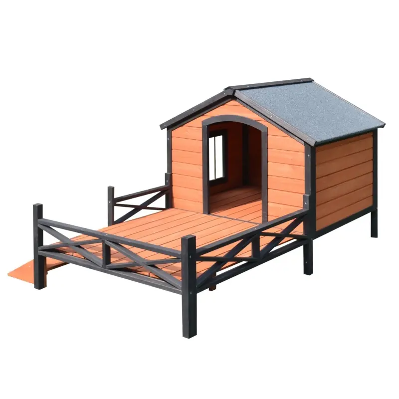 PawHut Wooden Dog House with Porch, Outside Dog House with Water-resistant Asphalt Roof, Ladders, Fencing, Window, for Small and Medium Dogs, Natural