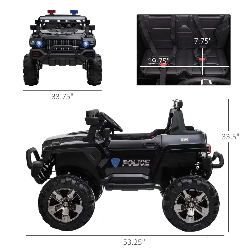 Aosom Kids Ride-On Car 12V RC 2-Seater Police Truck Electric Car For Kids with Full LED Lights, MP3, Parental Remote Control, Black(m-3)