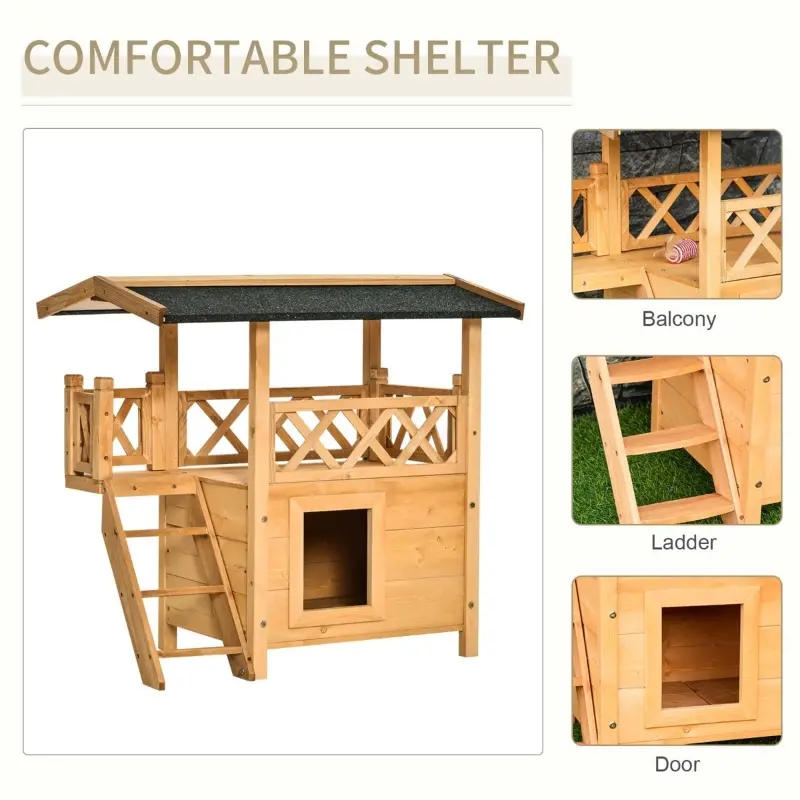PawHut Wooden Cat House, 2-Floor Feral Cat Shelter, Kitten Condo Outdoor with Balcony, Stairs, Asphalt Roof, Natural