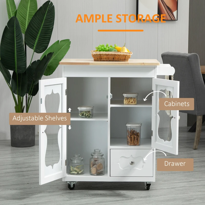 HOMCOM Kitchen Cart, Small Kitchen Island, Rubber Wood Top Utility Trolley on Wheels with 2 Cabinets Storage Drawer Towel Rack for Dining Room, White