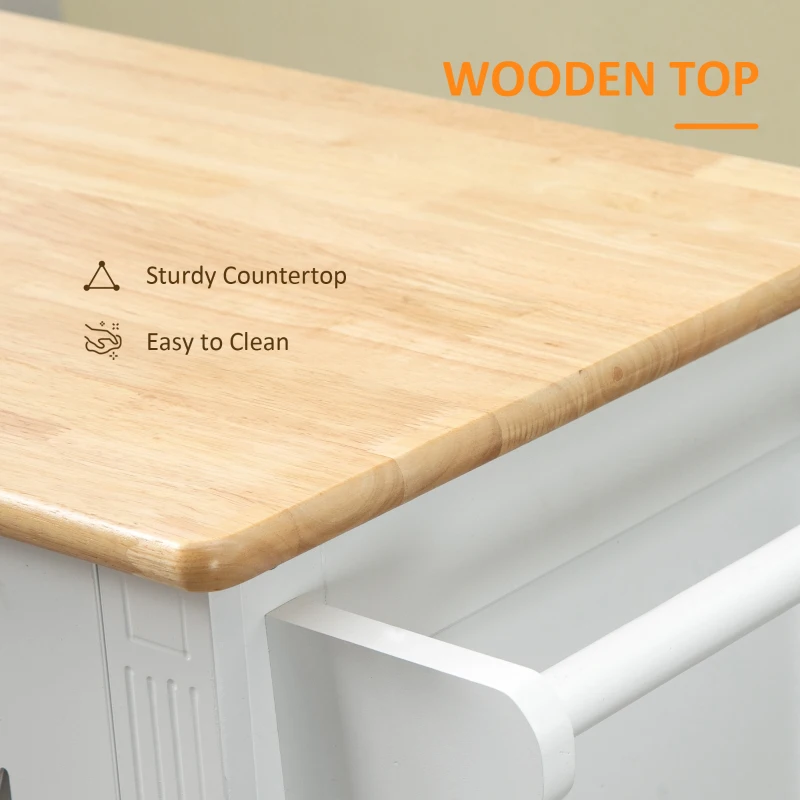 HOMCOM Kitchen Cart, Small Kitchen Island, Rubber Wood Top Utility Trolley on Wheels with 2 Cabinets Storage Drawer Towel Rack for Dining Room, White