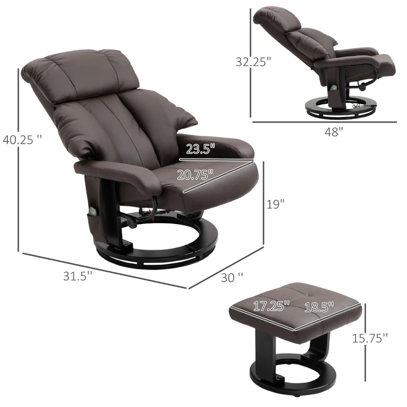 HOMCOM Massage Recliner Chair with Ottoman, 360° Swivel Recliner and Footstool, PU Leather Reclining Chair with Side Pocket and Remote Control, Brown