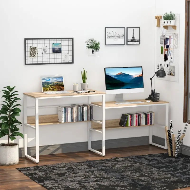 HOMCOM Industrial Style Standing Sitting Computer Desk with Steel Frame, Storage Shelf
