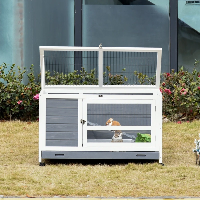 PawHut Indoor Rabbit Enclosure, Wooden Elevated Pet Bunny House with Slide-Out Tray Indoor Grey