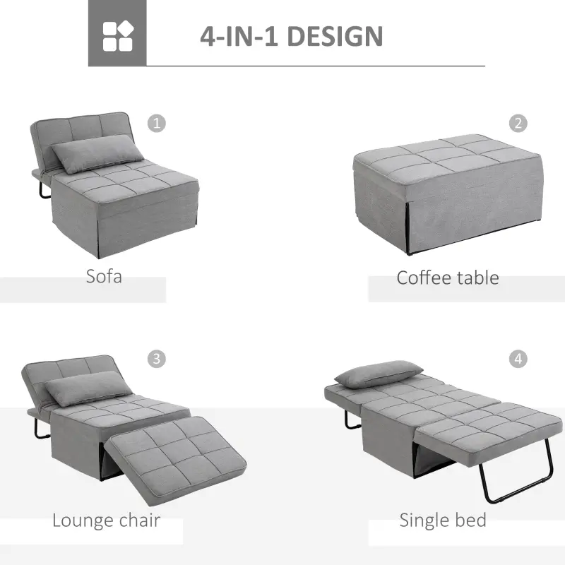 HOMCOM 4-In-1 Design Convertible Sofa Tea Table Lounge Chair Single Bed with 5-Level Adjustable Backrest, Footstool and Metal Frame for Living Room Bedroom, Grey