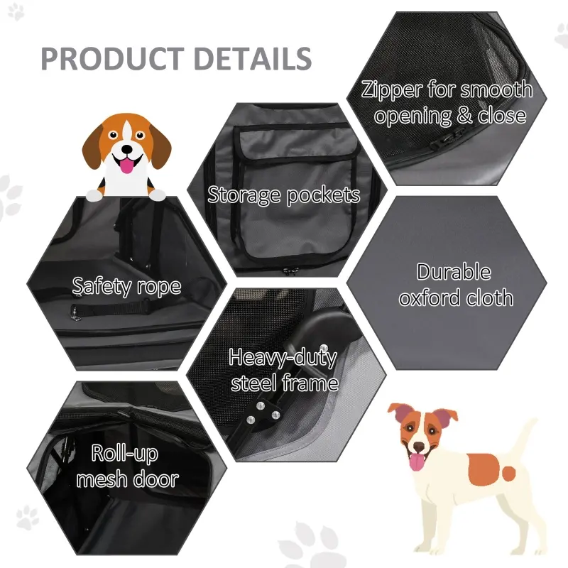 PawHut Pet Stroller Foldable Dog Cat Carriage with Adjustable Handlebar Rear Door EVA Wheel Brake Storage Bag Mesh Window Safety Leash Grey