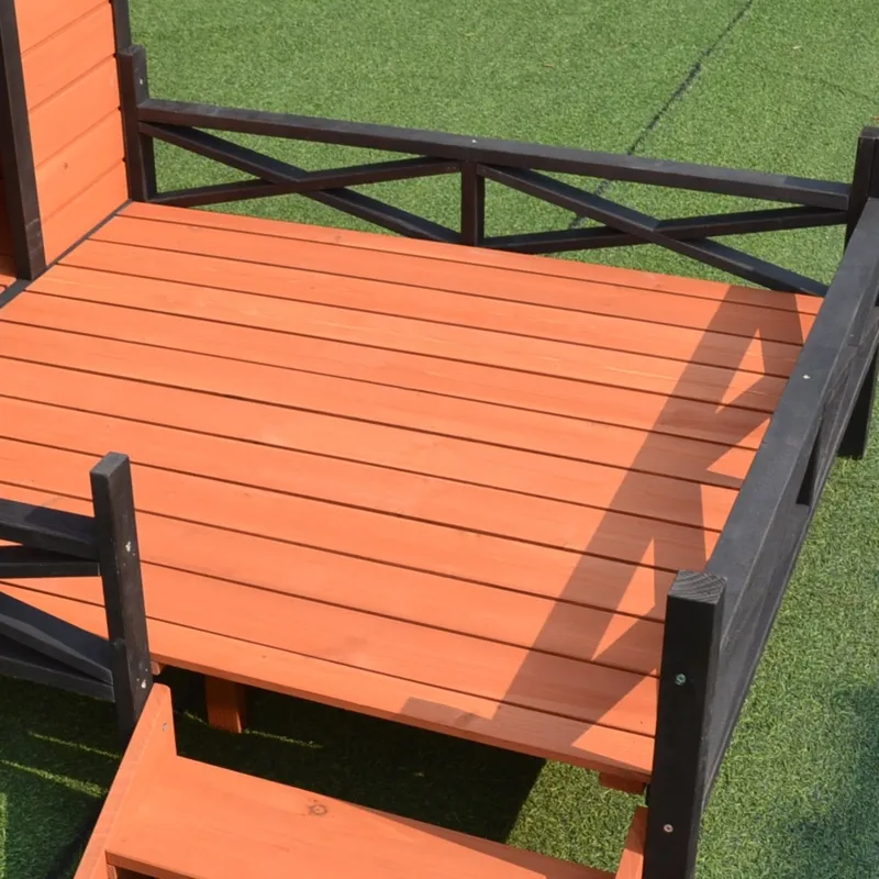 PawHut Wooden Dog House with Porch, Outside Dog House with Water-resistant Asphalt Roof, Ladders, Fencing, Window, for Small and Medium Dogs, Natural