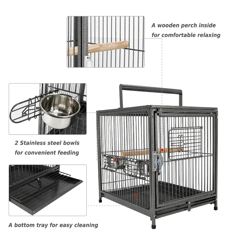 PawHut 18" Heavy Duty Wrought Iron Travel Bird Cage Carrier With Handle Perch And Accessories - Black