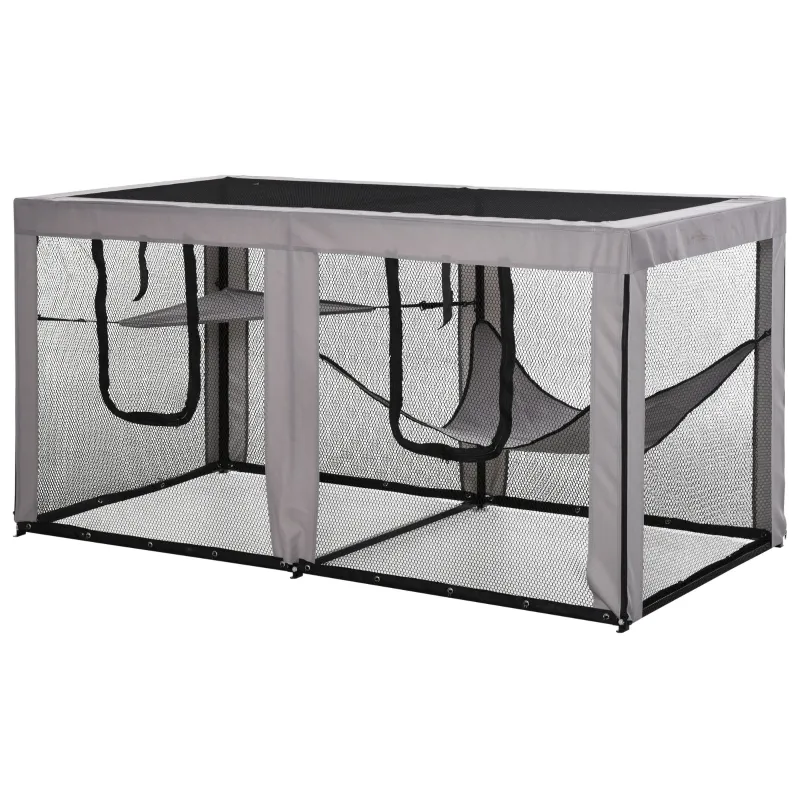 PawHut Large Mesh Cat House Kitty Indoor/Outdoor Rest Space with 2 Zipper Doors Soft Hammock Pet Bed, Black & Grey