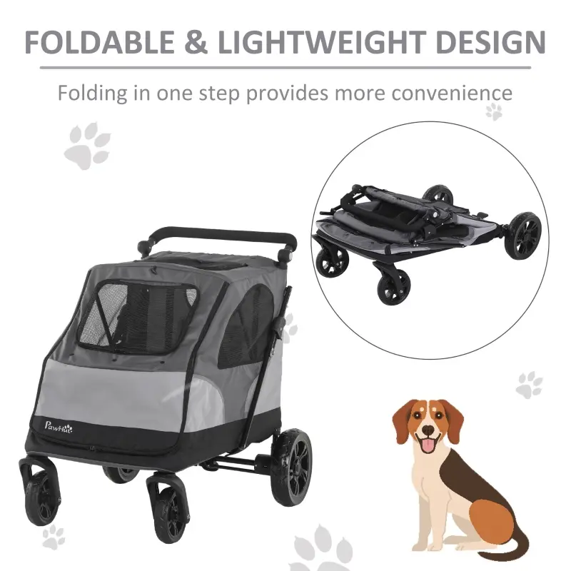 PawHut Pet Stroller Foldable Dog Cat Carriage with Adjustable Handlebar Rear Door EVA Wheel Brake Storage Bag Mesh Window Safety Leash Grey