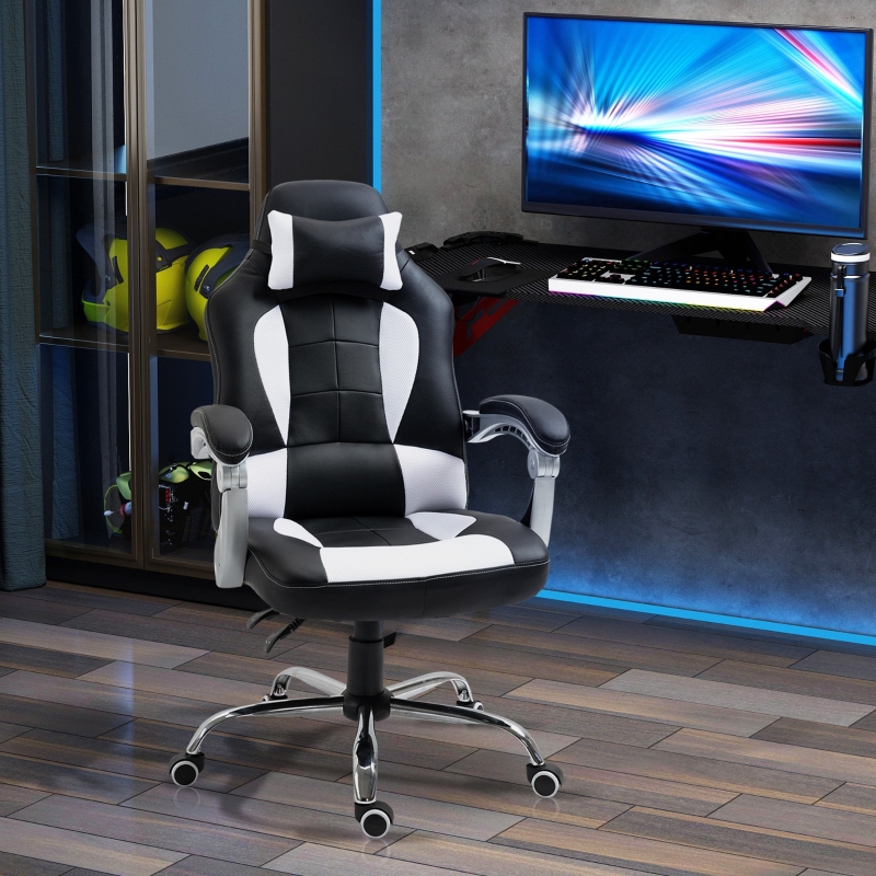 HOMCOM High Back Office Chair, Executive Racing Gaming Chair, Adjustable Recliner with Removable Headrest Pillow for Home, Office, White and Black